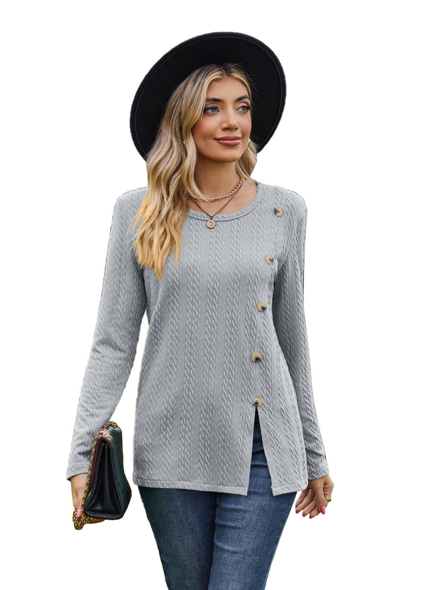 Fashion Round Neckline Button Long Sleeves Shirts-Shirts & Tops-Gray-S-Free Shipping Leatheretro