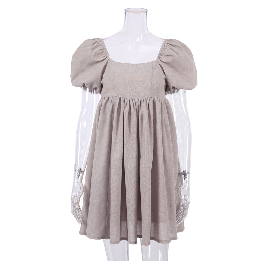 Lovely Linen Square Neckline Mini Dresses-Dresses-Khaki-S-Free Shipping Leatheretro