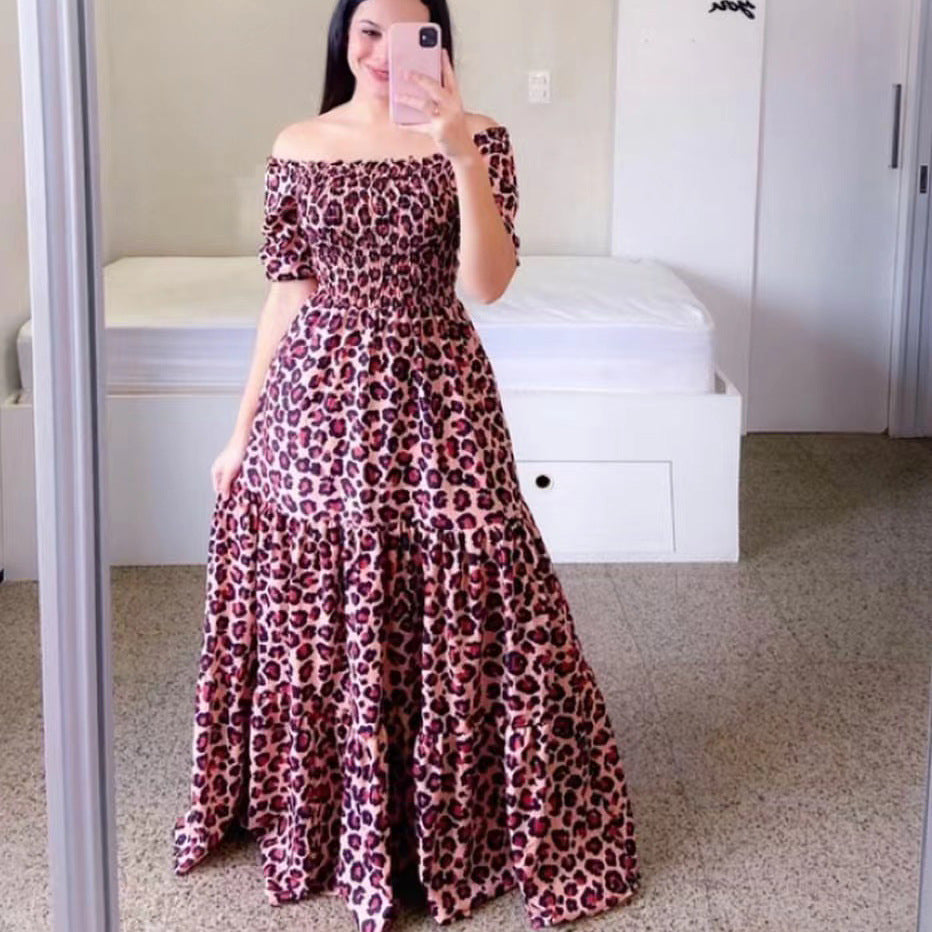 Sexy Off The Shoulder Flowers Long Dresses-Leopard-S-Free Shipping Leatheretro