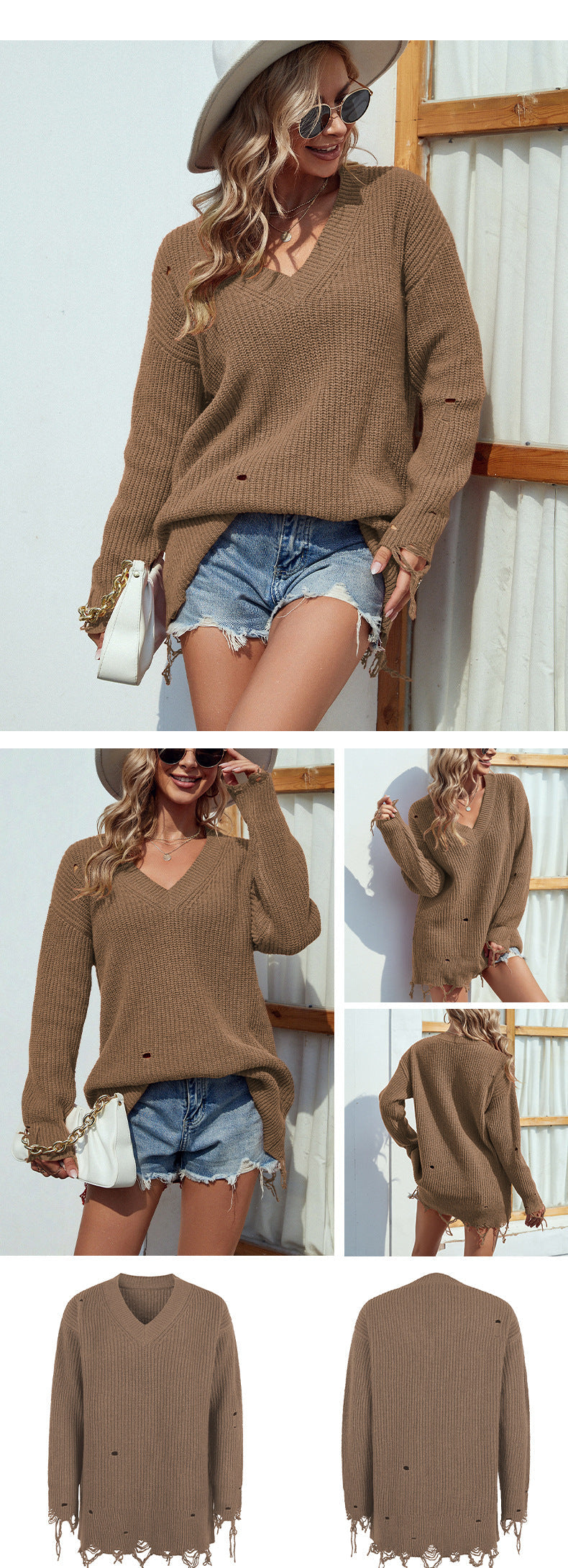 Casual V Neck Long Sleeves Knitted Fall Sweaters-Shirts & Tops-Rose Red-S-Free Shipping Leatheretro