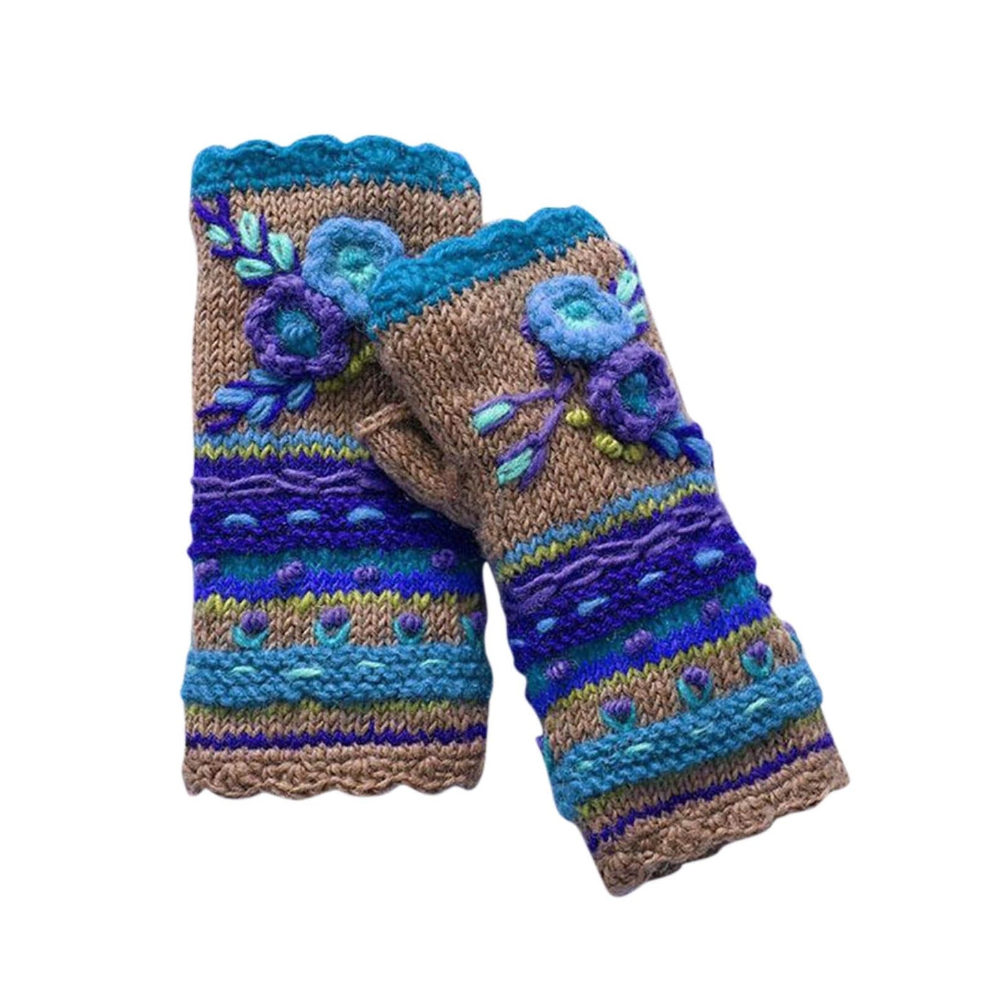 Winter Warm Handmade Embroidery Knitted Gloves for Women-Gloves & Mittens-Blue-One Size-Free Shipping Leatheretro