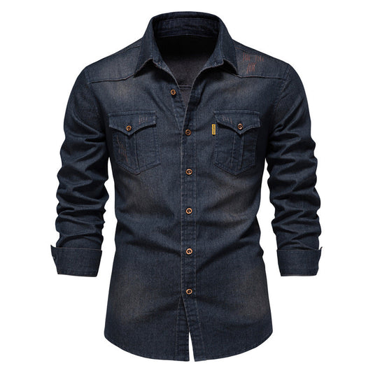 Casual Denim Long Sleeves Shirts for Men-Shirts & Tops-Black-S-Free Shipping Leatheretro