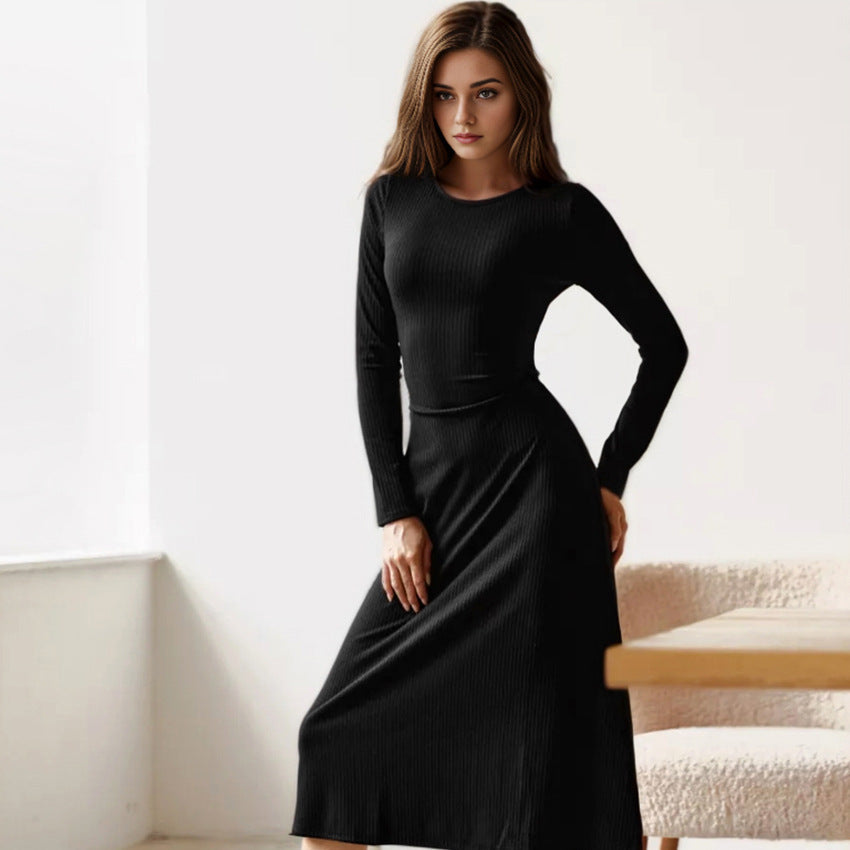 Fashion Round Neck Long Sleeves Dresses-Dresses-Black-S-Free Shipping Leatheretro