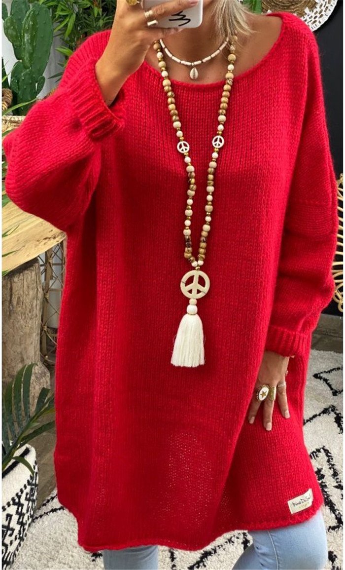 Casual Women Round Neck Knitting Loose Sweaters-Women Sweaters-Red-S-Free Shipping Leatheretro