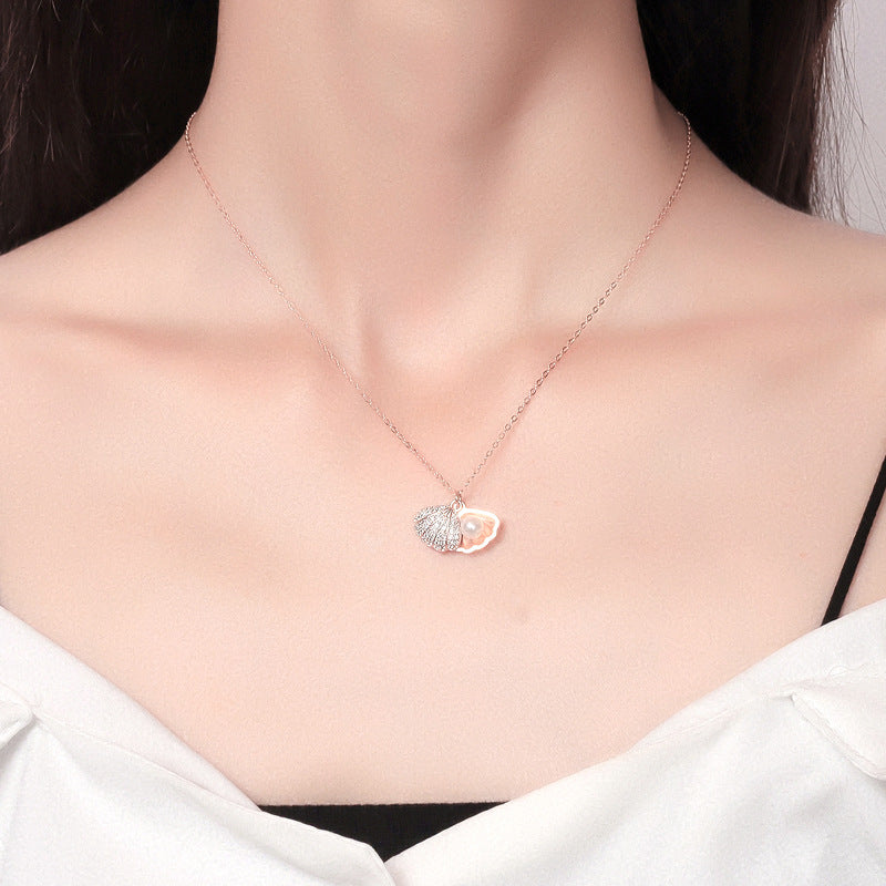 Women Fan Shaped Pearl Sterling Sliver Necklace-Necklaces-Silver Color-Free Shipping Leatheretro