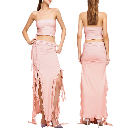 Sexy Off The Shoulder Strapless Irregular Two Pieces Dresses-Dresses-Pink-S-Free Shipping Leatheretro