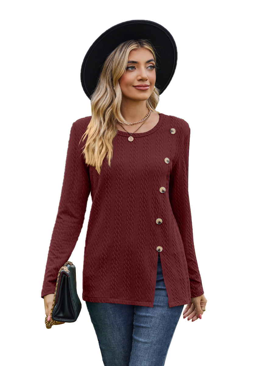 Fashion Round Neckline Button Long Sleeves Shirts-Shirts & Tops-Wine Red-S-Free Shipping Leatheretro