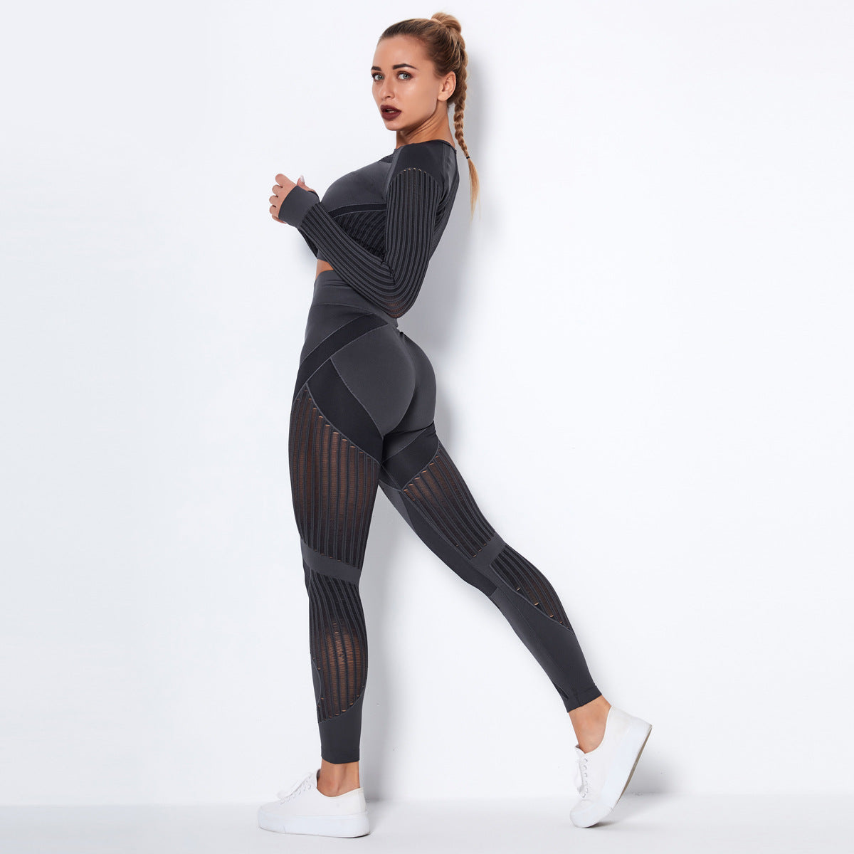 Sexy Hollow Out Long Sleeves Tops and Leggings Sets for Yoga Sporting-Activewear-Dark Gray-XS-Free Shipping Leatheretro