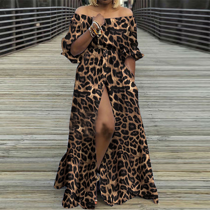 Sexy Off The Shoulder Long Maxi Dresses-Dresses-Brown Leopard-S-Free Shipping Leatheretro