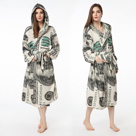 Casual Dollar Print Fleece Warm Sleepwear Night Gown-Sleepwear & Loungewear-Turnover Collar-S-Free Shipping Leatheretro