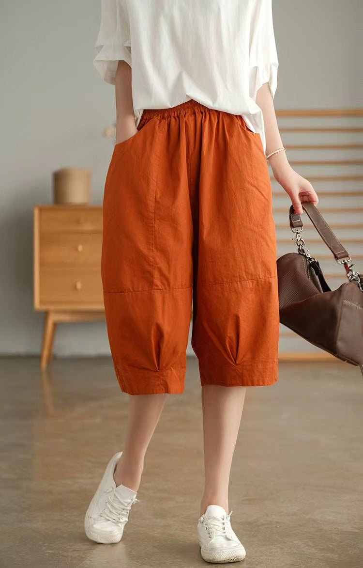 Summer Cotton Linen Summer Women Half Pants-Pants-Orange-M-Free Shipping Leatheretro