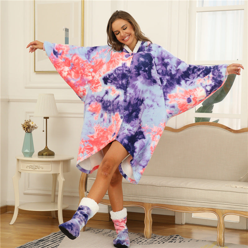Dyed Lazy Wearable Fleece Throw Blanket Cape with Socks-Blankets-Purple-Oen Size-Free Shipping Leatheretro