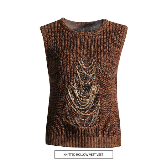 Vintage Brown Knitted Tank Top Vest for Women-Shirts & Tops-Brown-S-Free Shipping Leatheretro