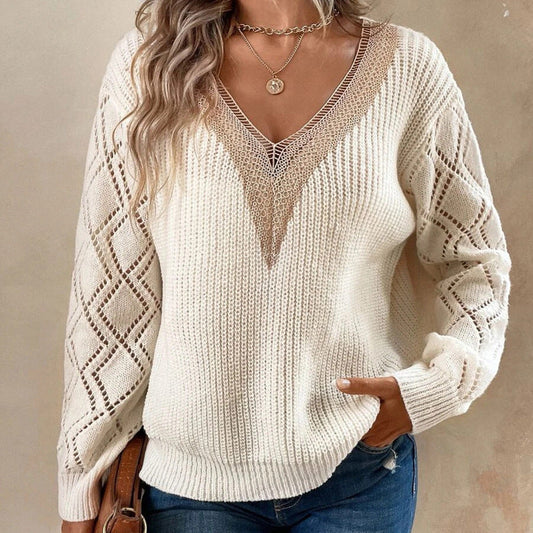 Casual V Neck Knitted Pullover Sweaters-Shirts & Tops-White-S-Free Shipping Leatheretro