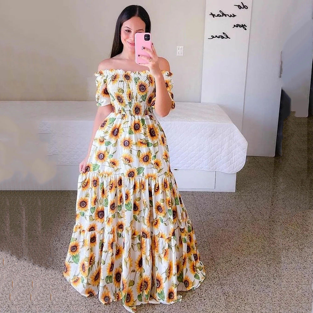 Sexy Off The Shoulder Flowers Long Dresses-Sunflower-S-Free Shipping Leatheretro