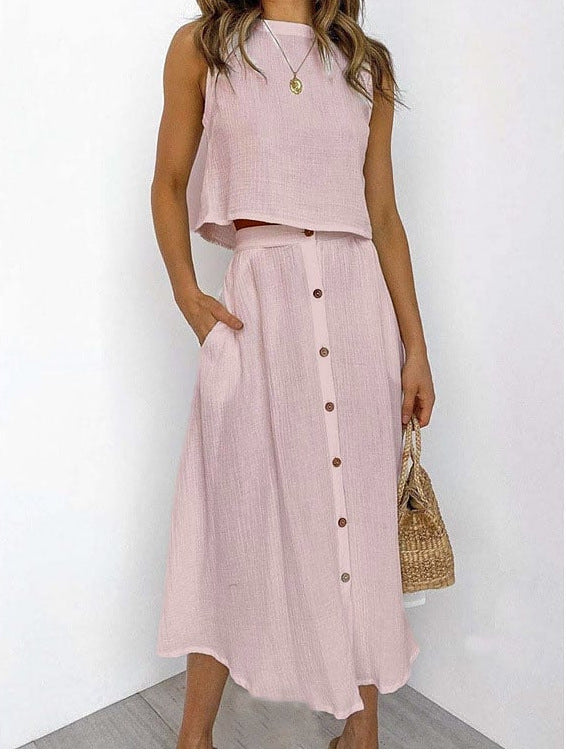Casual Summer Women Tank Top and Skirts Suits-Dresses-Pink-S-Free Shipping Leatheretro