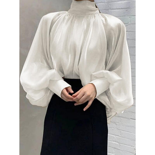 Black and White High Neck Women Long Sleeves Shirts-Shirts & Tops-White-S-Free Shipping Leatheretro