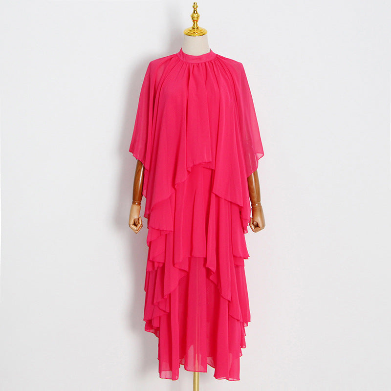 Chiffon High Neck Ruffle Women Long Holiday Dresses-Dresses-Rose Red-M-Free Shipping Leatheretro