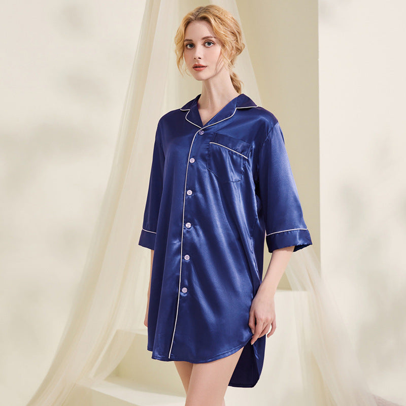 Summer Silk 3/4 Length Sleeves Shirts Night Dresses-Sleepwear & Loungewear-Black-S-Free Shipping Leatheretro