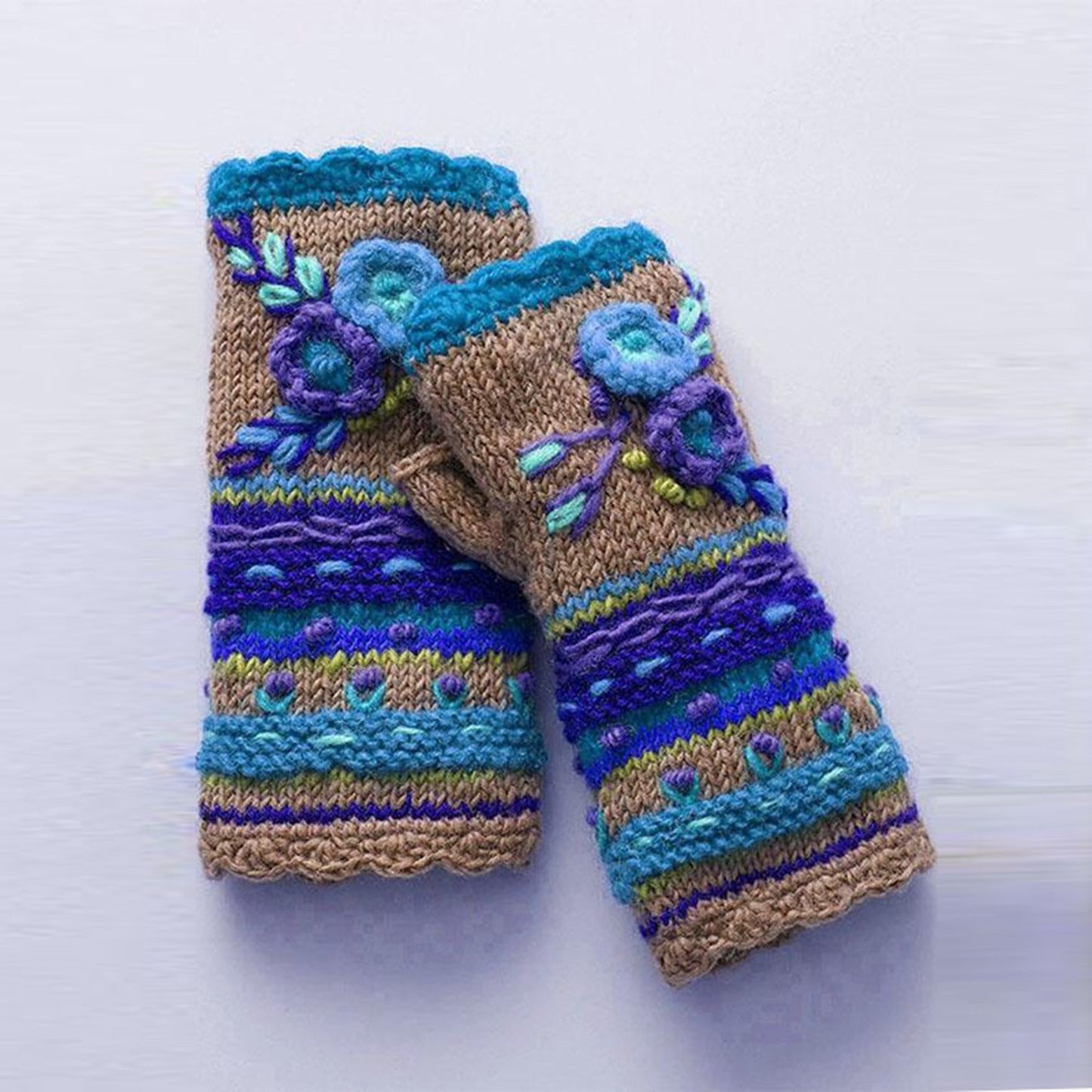 Winter Warm Handmade Embroidery Knitted Gloves for Women-Gloves & Mittens-Green-One Size-Free Shipping Leatheretro