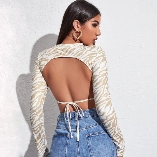 Sexy Backless Lace Up Long Sleeves Short Tops-Shirts & Tops-Apricot-S-Free Shipping Leatheretro
