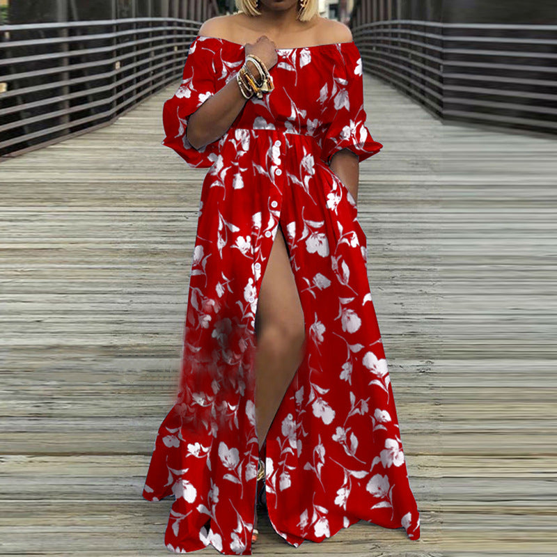 Sexy Off The Shoulder Long Maxi Dresses-Dresses-Red Flower-S-Free Shipping Leatheretro