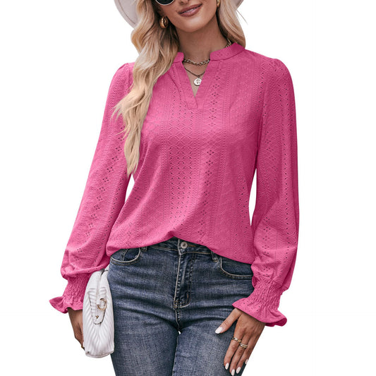Casual V Neck Long Sleeves Fall Shirts-Shirts & Tops-Rose Red-S-Free Shipping Leatheretro