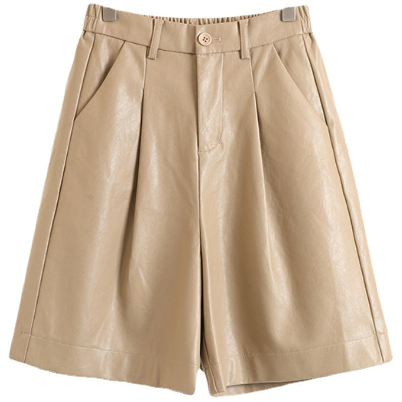 Casual PU Cropped Shorts for Women-Pants-Khaki-XS-Free Shipping Leatheretro