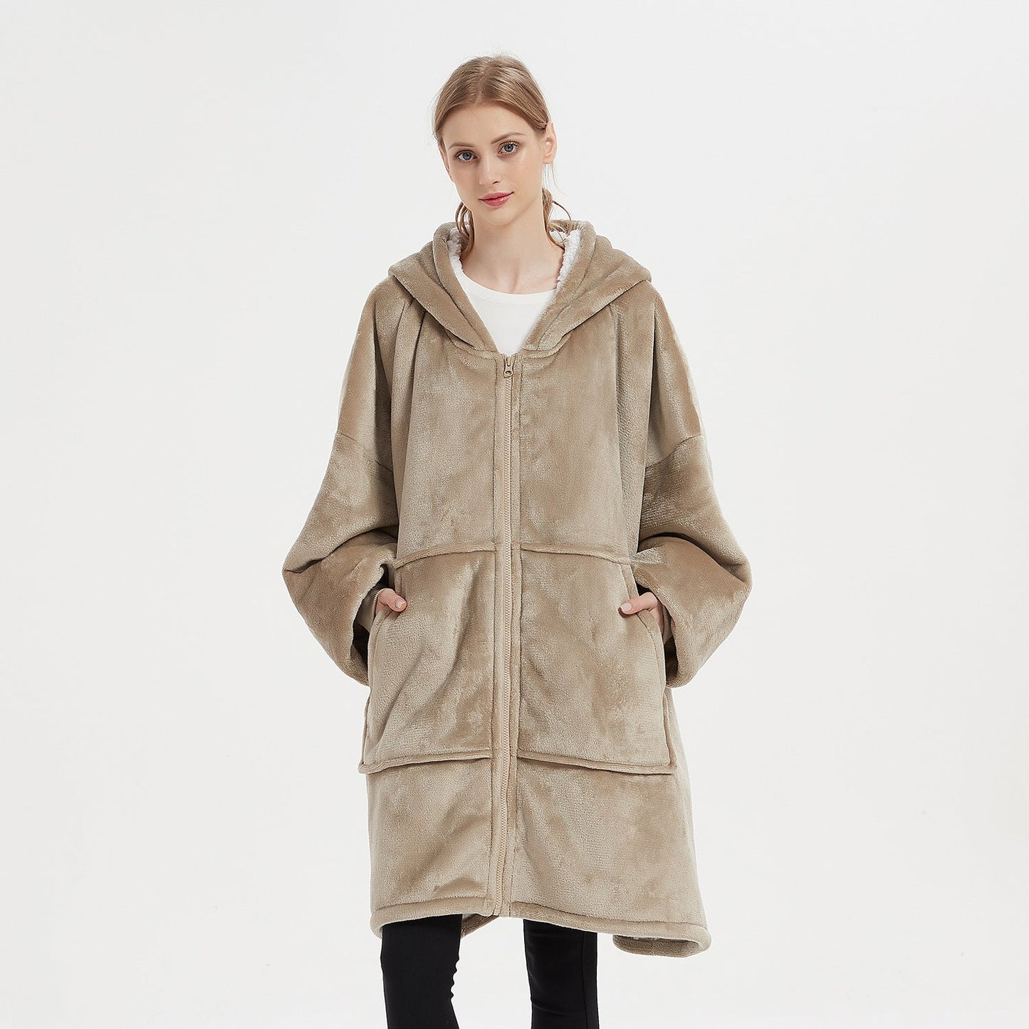Warm Thick Plus Sizes Wearable Fleece Throw Blanket for Couple-Homewear-Khaki-One Size 50-80kg-Free Shipping Leatheretro