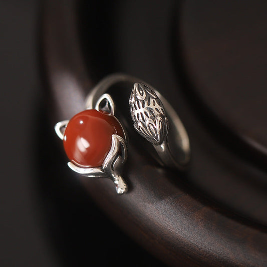 Antique Red Agate Fox Design Sliver Rings for Women-Rings-The same as picture-Adjustable-Open-Free Shipping Leatheretro