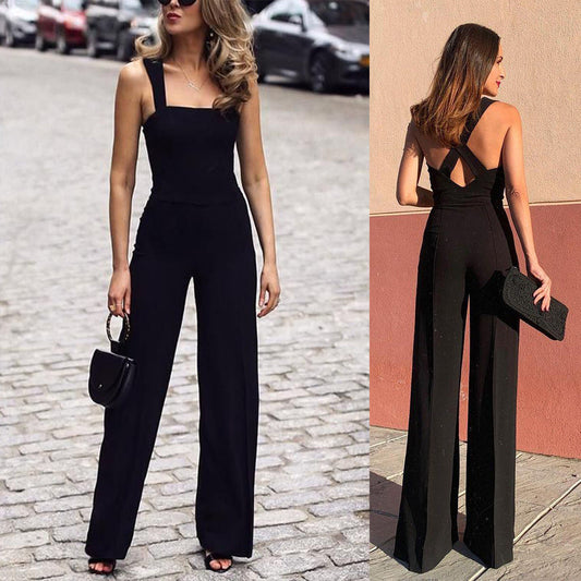 Sexy Shoulder Straps Black Wide Legs Jumpsuits-Suits-Black-S-Free Shipping Leatheretro