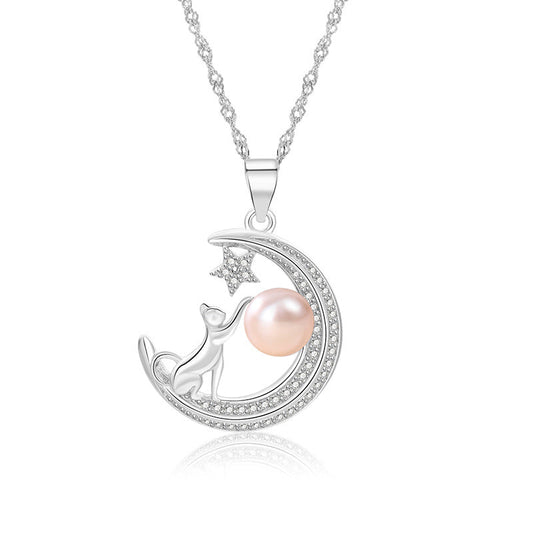 Fashion Moon Star Design Sterling Sliver Necklace-Necklaces-White Pearl-Free Shipping Leatheretro