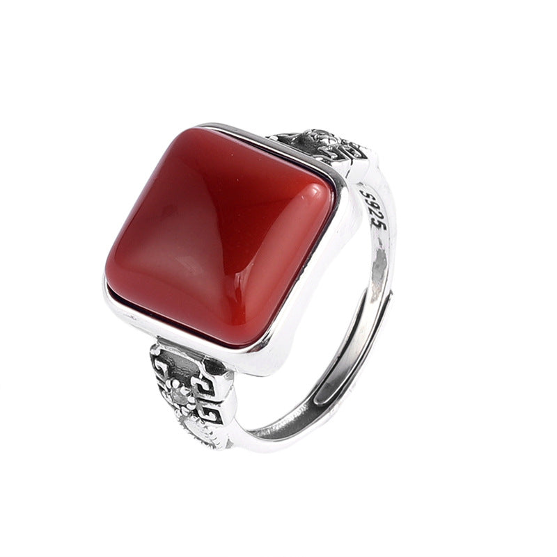 Vintage Handmade Inlay Design Sliver Rings for Women-Rings-Red-Adjustable-Open-Free Shipping Leatheretro