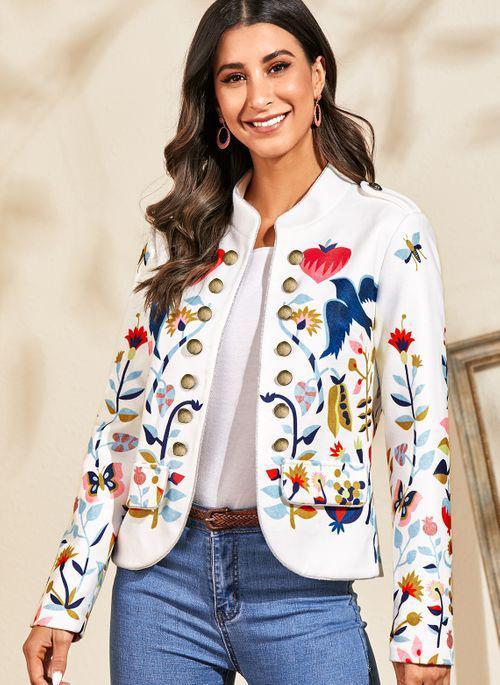 Classy Fashion Floral Print Carfigan Top Coats-Women Outerwear-White-S-Free Shipping Leatheretro