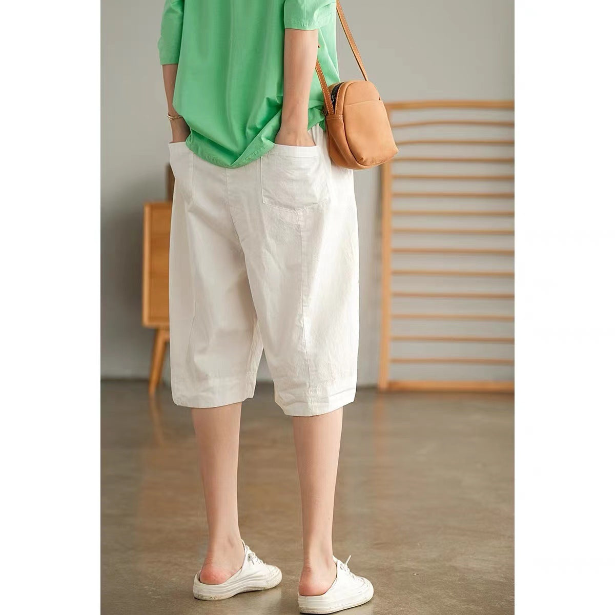 Summer Cotton Linen Summer Women Half Pants-Pants-White-M-Free Shipping Leatheretro