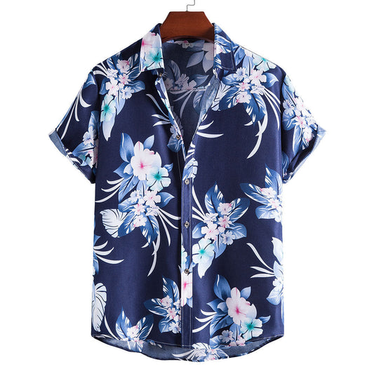 Blue Floral Print Men's Summer Short Sleeves T Shirts-Shirts & Tops-The same as picture-S-Free Shipping Leatheretro
