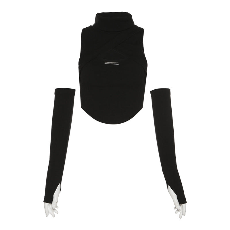 Sexy High Neck Sleeveless Midriff Baring Tank Tops-Shirts & Tops-Black-S-Free Shipping Leatheretro