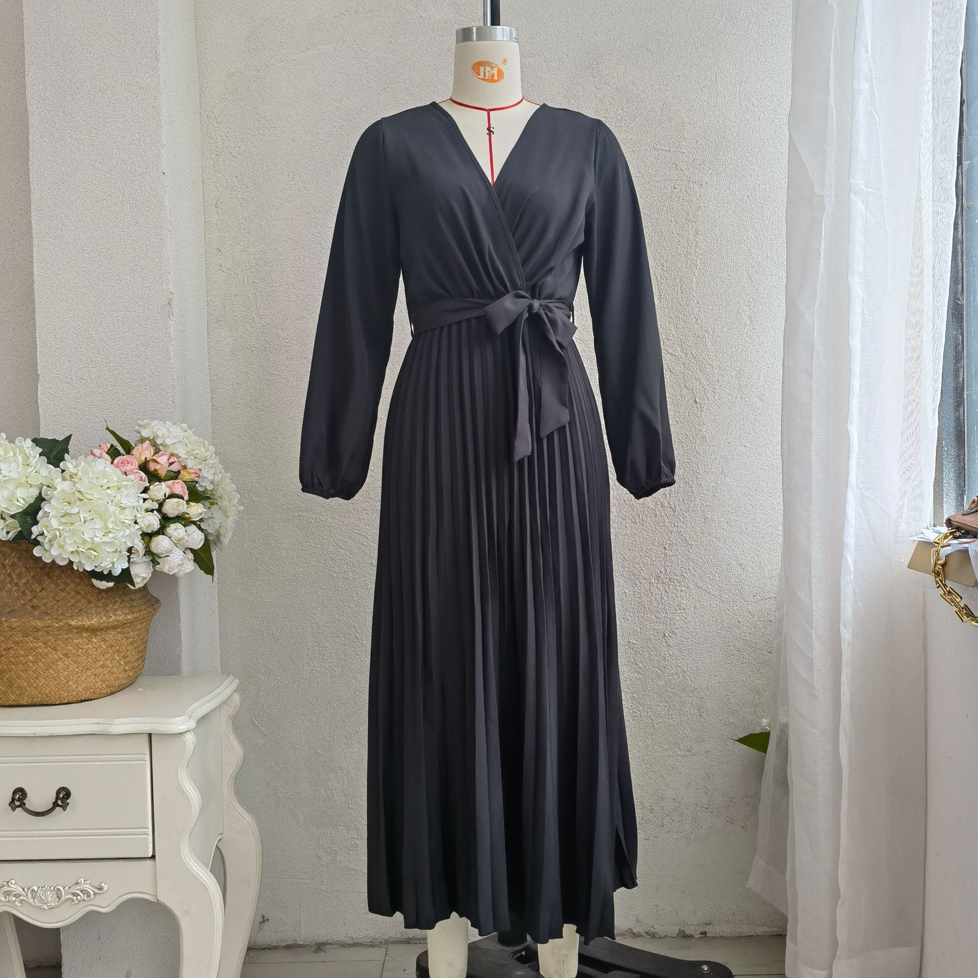Classy V Neck Long Sleeves Midi Dresses-Dresses-Black-S-Free Shipping Leatheretro