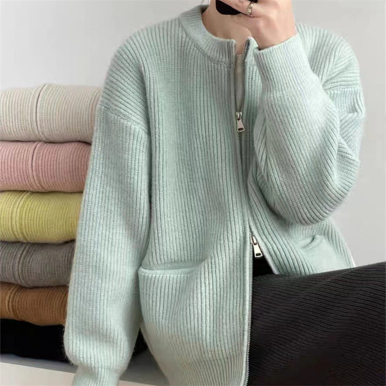 Casual Designed Double Zipper Women Knitted Sweaters-Coats & Jackets-Light Blue-One Size-Free Shipping Leatheretro