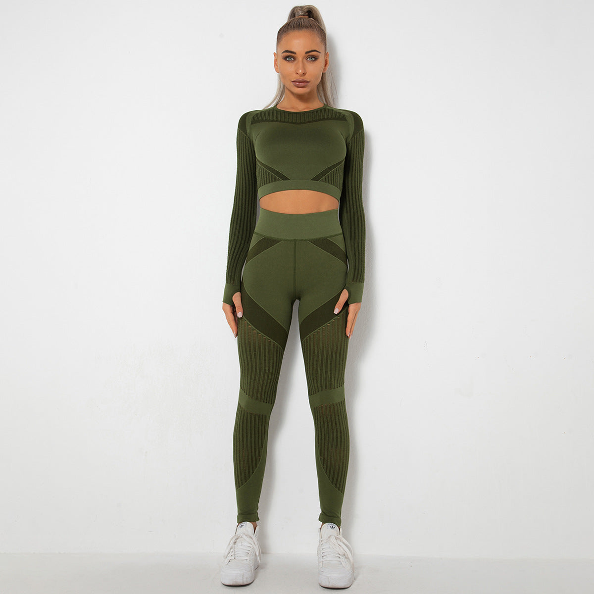 Sexy Hollow Out Long Sleeves Tops and Leggings Sets for Yoga Sporting-Activewear-Army Green-XS-Free Shipping Leatheretro