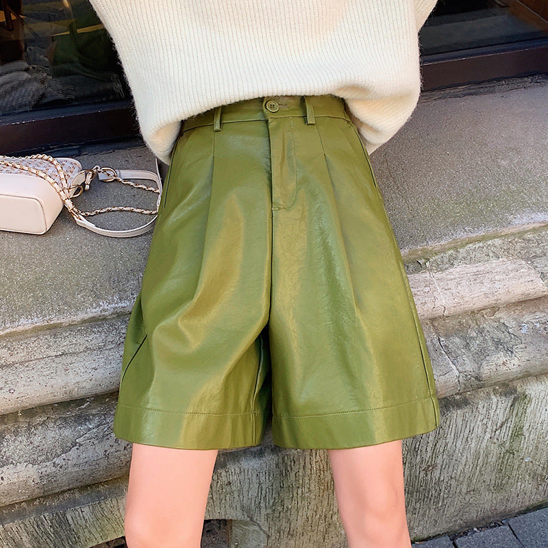 Casual PU Cropped Shorts for Women-Pants-Green-XS-Free Shipping Leatheretro