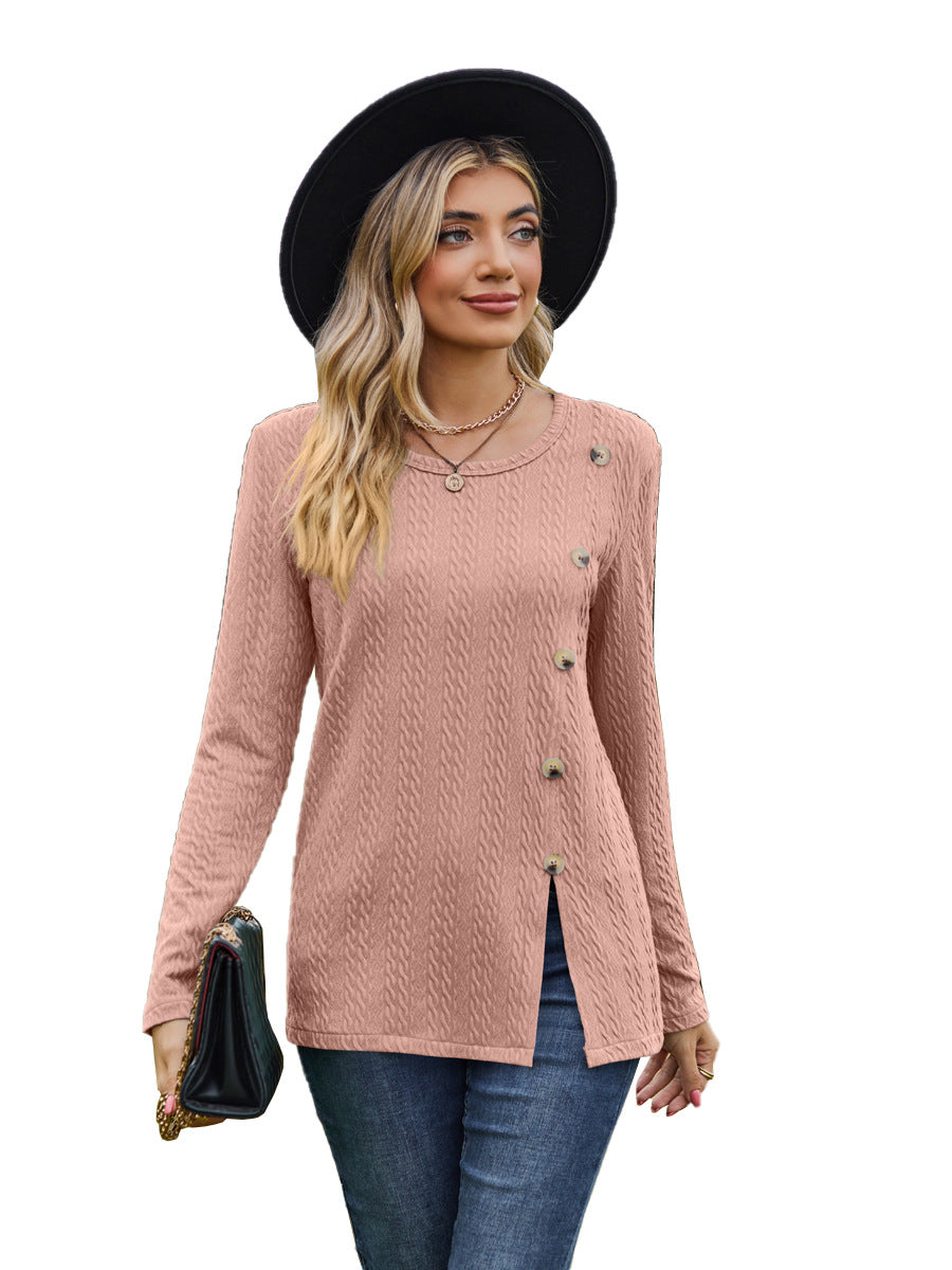 Fashion Round Neckline Button Long Sleeves Shirts-Shirts & Tops-Pink-S-Free Shipping Leatheretro