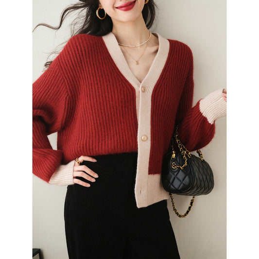 Fashion V Neck Lazy Style Knitted Cardigan Sweaters-Shirts & Tops-Wine Red-One size-Free Shipping Leatheretro