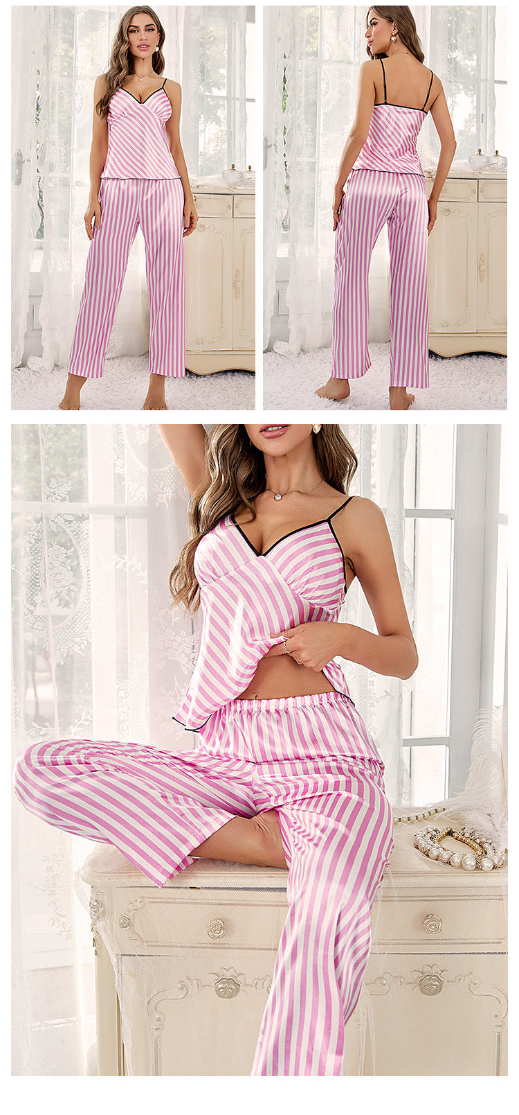 Summer Ice Silk Tank Tops & Pants Sleepwear-Sleepwear & Loungewear-Pink Striped-S-Free Shipping Leatheretro