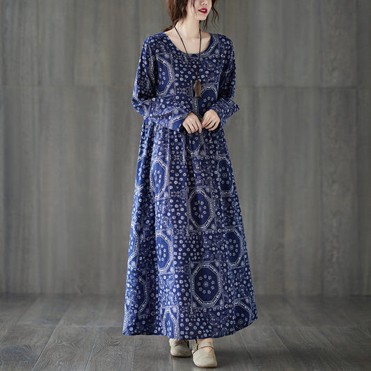 Vintage Plus Sizes Long Sleeves Blue Fall Dresses-Dresses-Navy Blue-M-Free Shipping Leatheretro