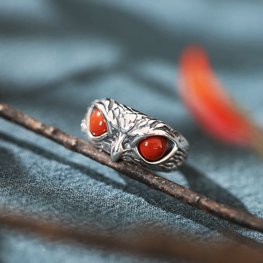 Vintage Owl Eyes Designed Open End Sterling Sivler Rings-Rings-Red-Adjustable-Free Shipping Leatheretro