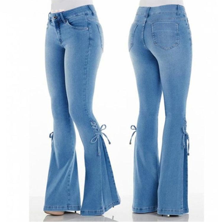 Casual Women Natural Waist Elastic Trumpet Denim Jeans-Pants-Dark Blue-S-Free Shipping Leatheretro