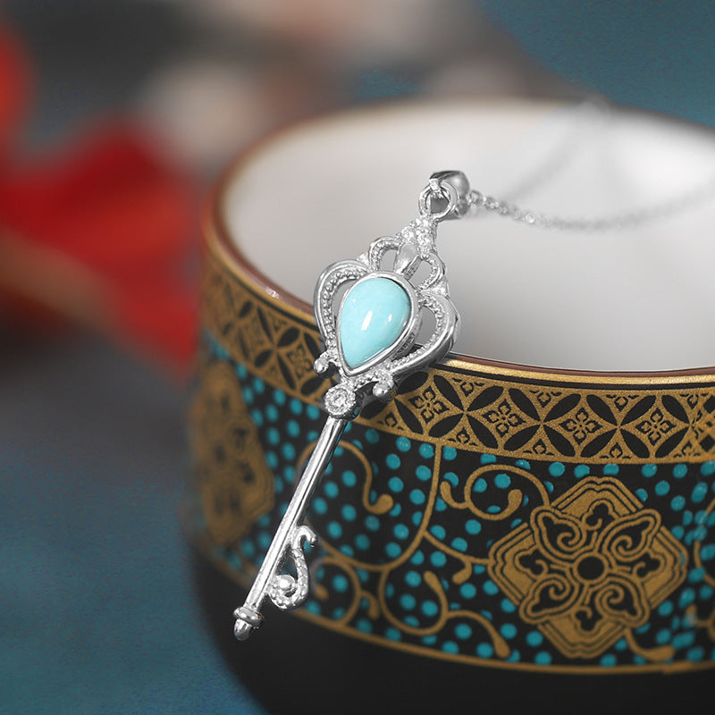 Valentine Sterling Silver Turquoise Key Shaped Necklace for Women-The same as picture-Free Shipping Leatheretro