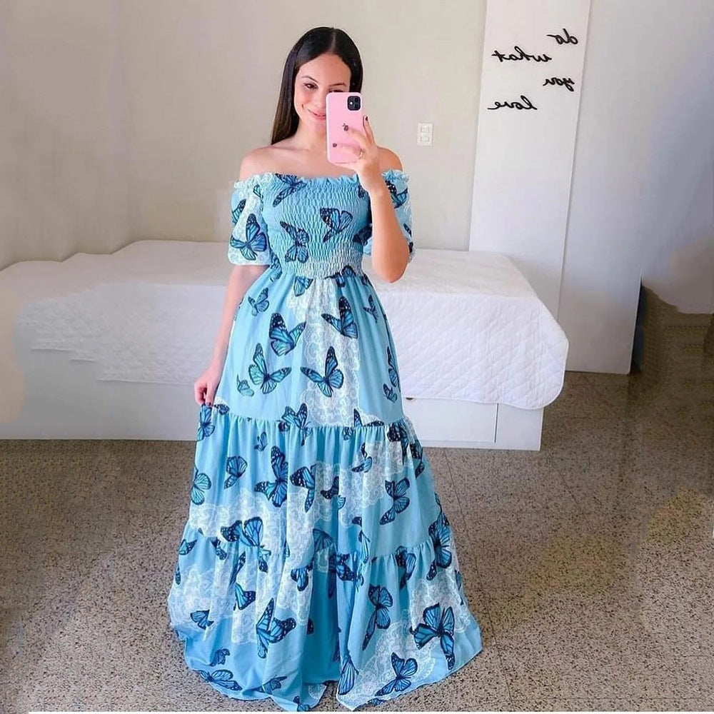 Sexy Off The Shoulder Flowers Long Dresses-Blue Butterfly-S-Free Shipping Leatheretro