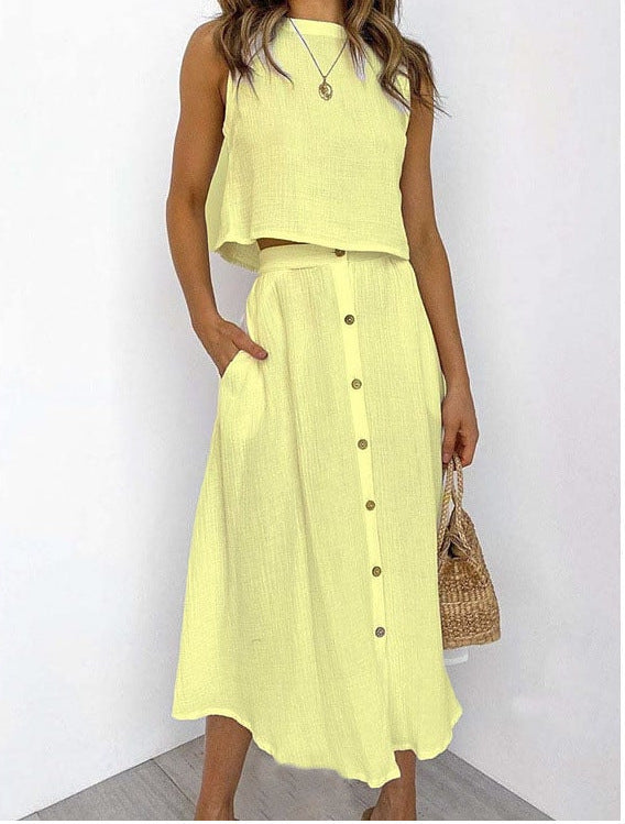 Casual Summer Women Tank Top and Skirts Suits-Dresses-Yellow-S-Free Shipping Leatheretro